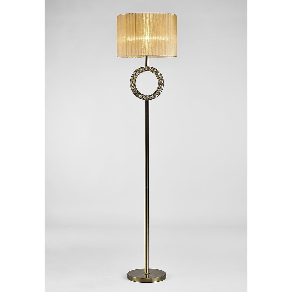 The Florence Round 1 Light Crystal Floor Lamp features a round base, slim brass pole, decorative crystal ring near the top, and a bronze fabric drum shade. Shown against a plain white background.