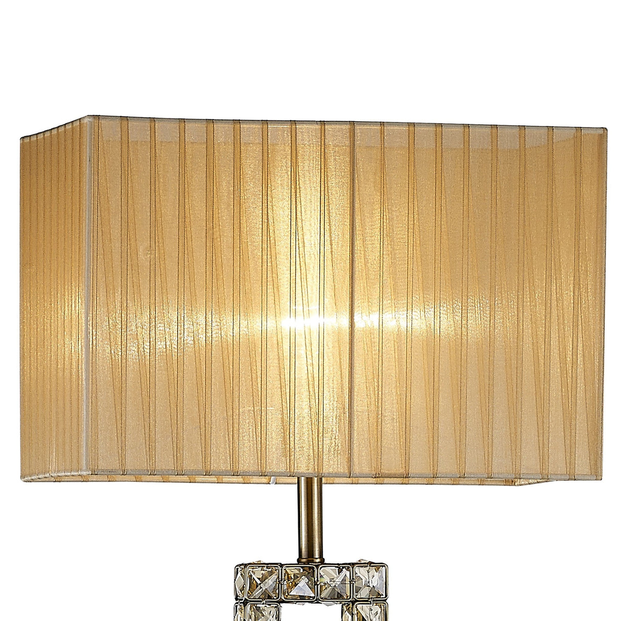 The Florence Rectangle 1 Light Crystal Floor Lamp features a glowing, dimmable design with a pleated, semi-transparent bronze rectangular shade and an antique brass metallic base, lit from within.