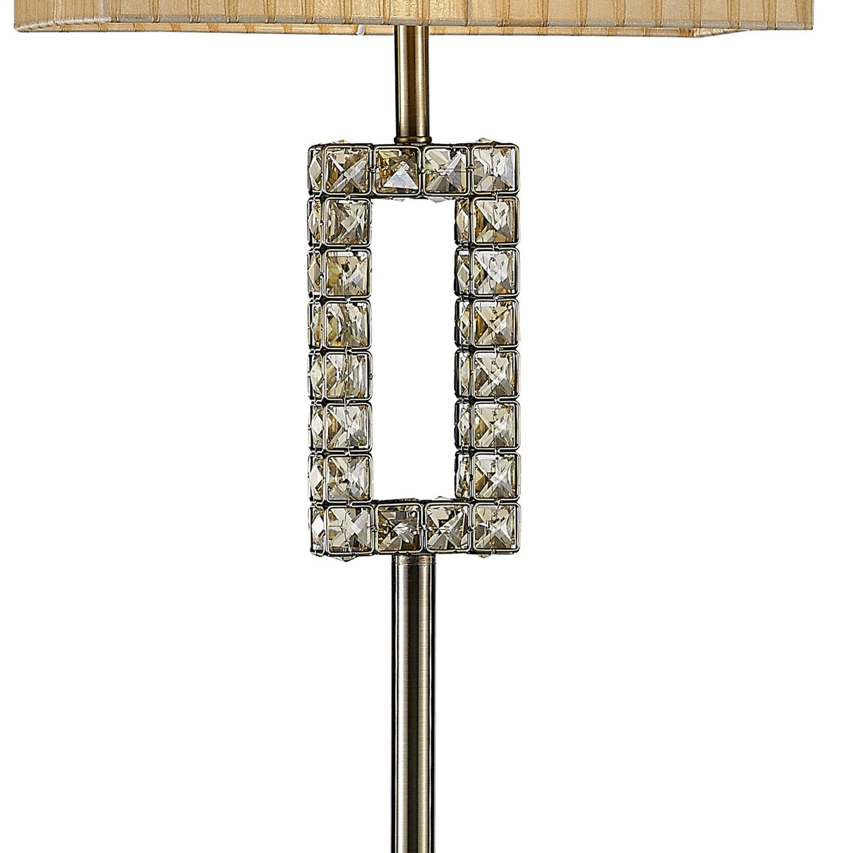 The Florence Rectangle 1 Light Crystal Floor Lamp features a brass finish, a bronze pleated shade, and a decorative rectangular section of square faceted crystals on the metal rod beneath the shade. Dimmable design included.