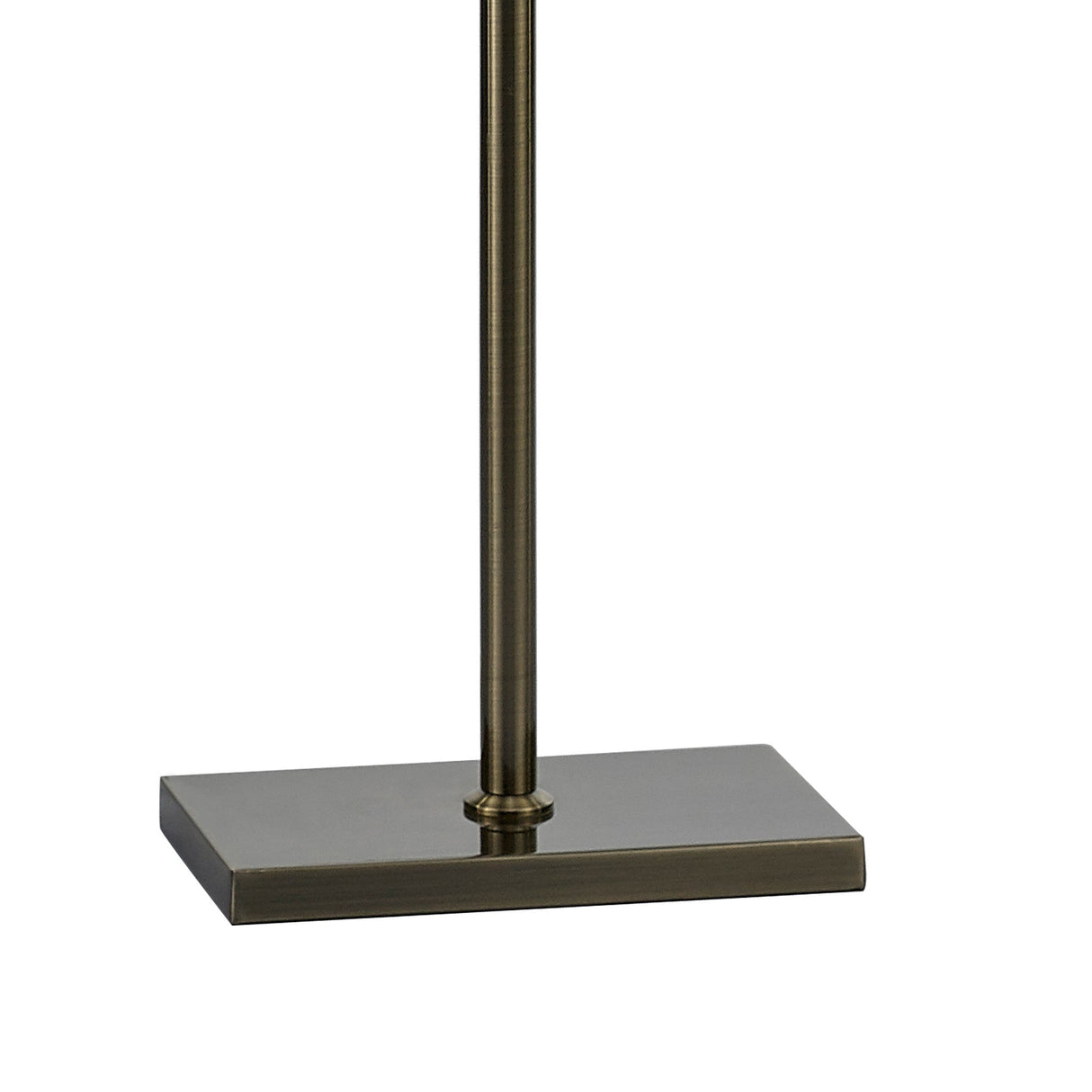 A close-up of the Florence Rectangle 1 Light Crystal Floor Lamp in brass with a bronze shade, highlighting its rectangular, flat bronze-colored base and straight vertical pole against a plain white background.