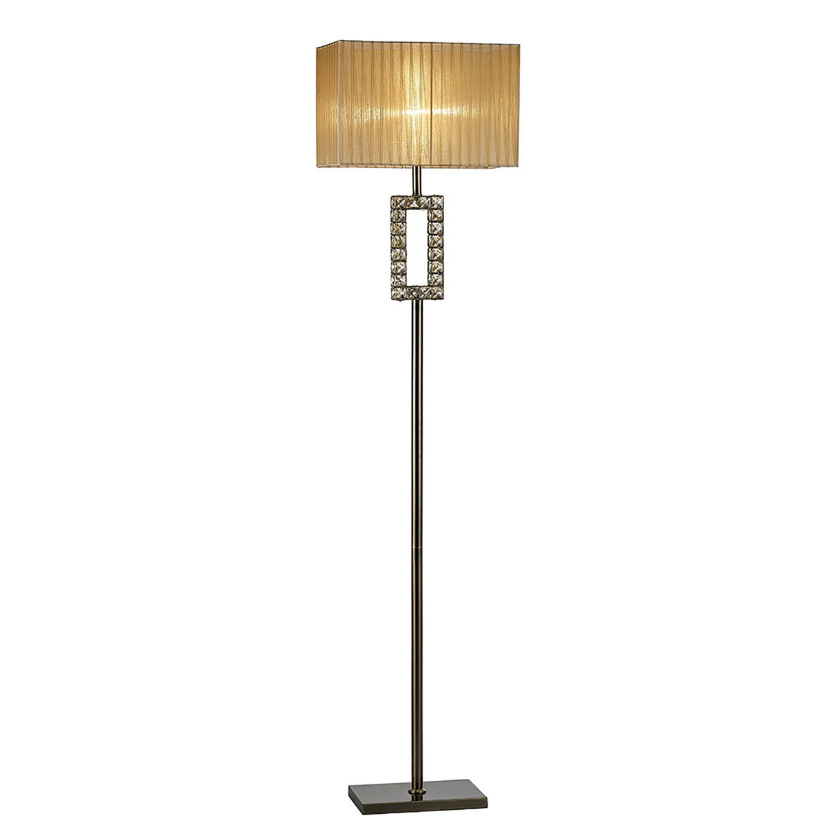 The Florence Rectangle 1 Light Crystal Floor Lamp features a slim brass stand, crystal-accented open rectangular detail, flat square base, and a bronze rectangular shade for a modern touch.
