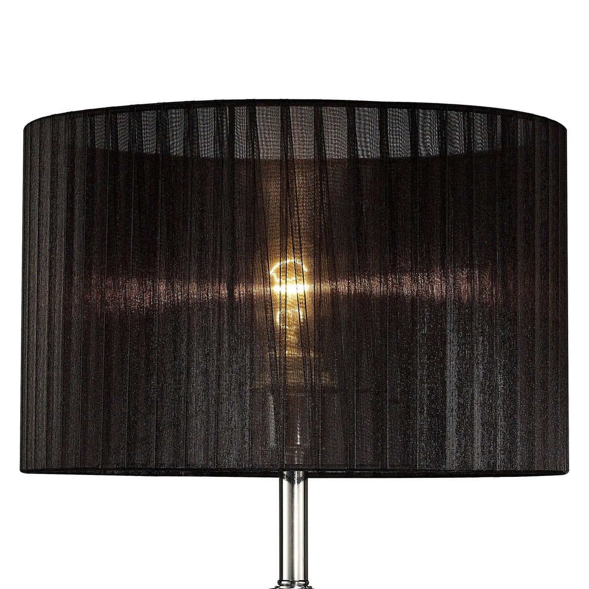A close-up of the Florence Round 1 Light Crystal Table Lamp in chrome, featuring a black fabric shade with vertical lines and a visible lit bulb, with its polished chrome base shown below.