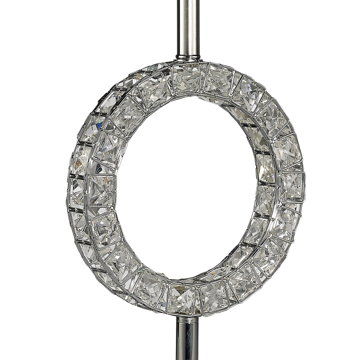 The Florence Round 1 Light Crystal Table Lamp features a circular ring with square-cut clear crystals on a polished chrome rod and is paired with a black shade, bringing modern elegance to any décor.