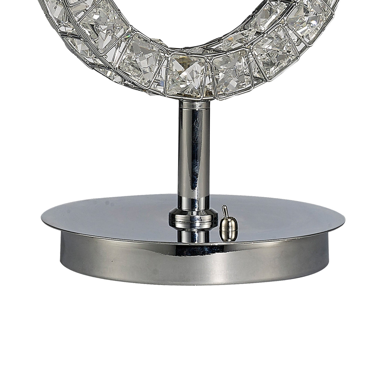 A close-up of the Florence Round 1 Light Crystal Table Lamp, featuring a polished chrome base with clear crystals in a circular design, an oval base with toggle switch, and topped with a black fabric shade.