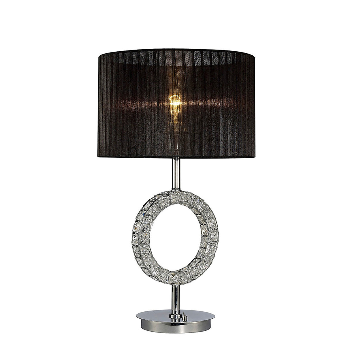 The Florence Round 1 Light Crystal Table Lamp features a round textured silver base, polished chrome stem, open center design, black cylindrical fabric shade, and visible bulb for a modern touch.