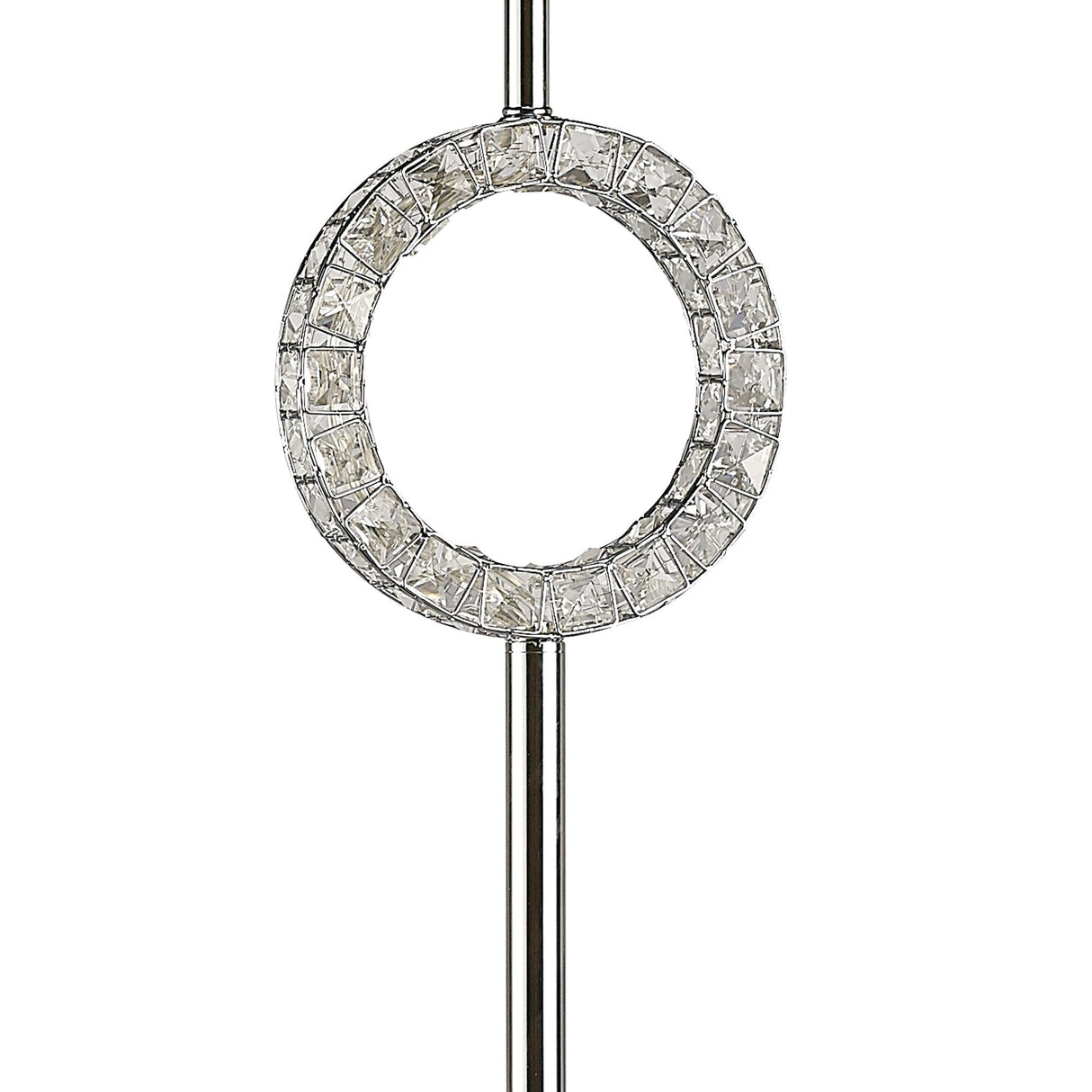 The Florence Round 1 Light Crystal Floor Lamp features a polished chrome pole through a circular ring with clear faceted crystals, topped with a black shade for elegant ambient lighting. White background.