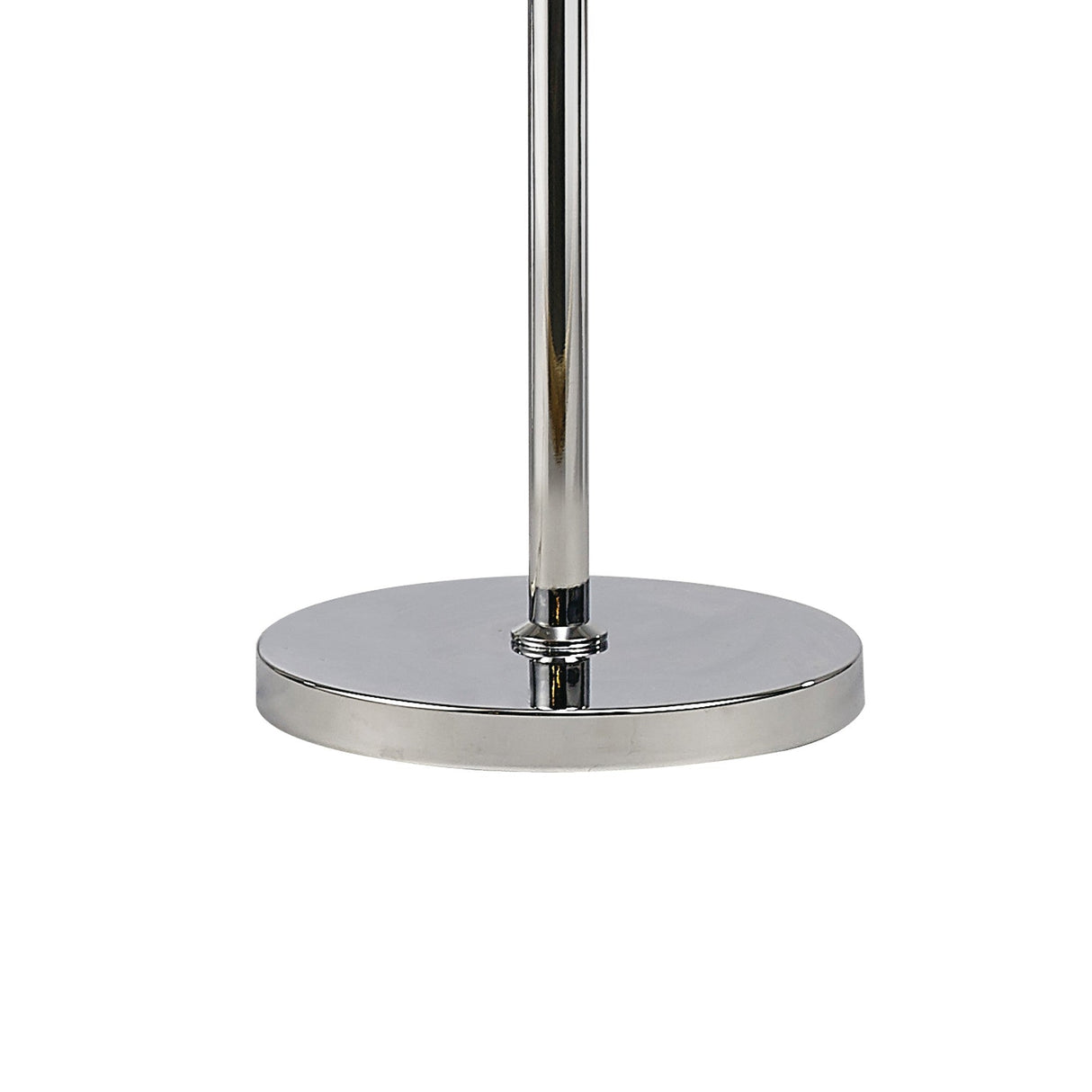 A close-up of the polished chrome base and central metal pole of the Florence Round 1 Light Crystal Floor Lamp with a black shade, set against a plain white background.