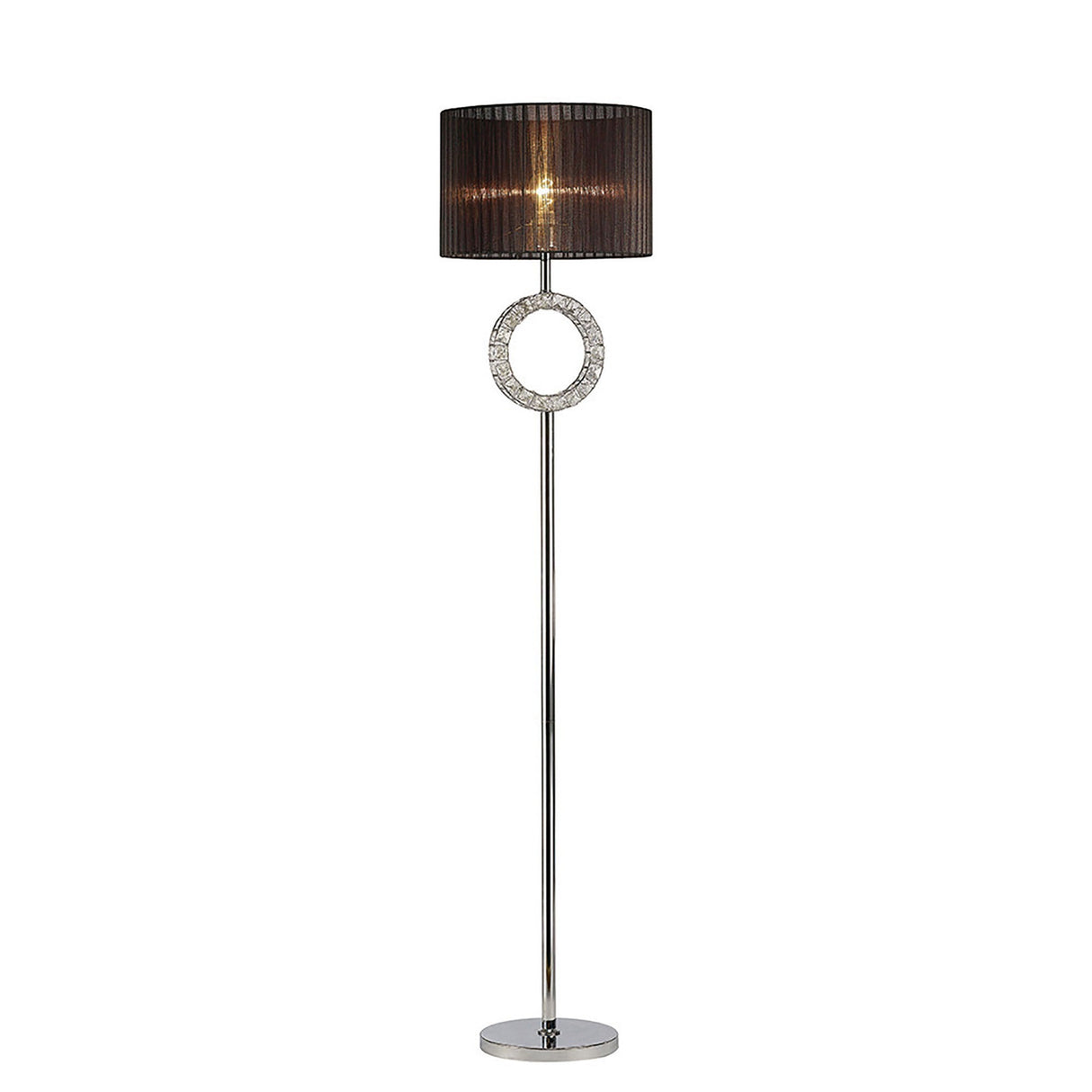 The Florence Round 1 Light Crystal Floor Lamp features a polished chrome stand, black cylindrical shade, and a decorative ring below the shade, standing on a round silver base for stylish ambient lighting.