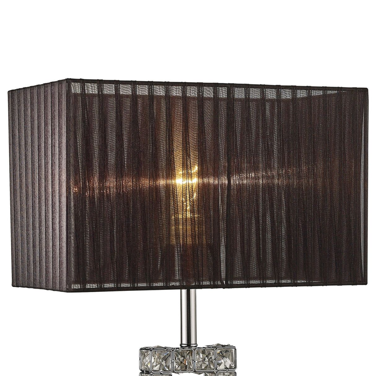 The Florence Rectangle 1 Light Crystal Table Lamp features a chrome base with decorative crystal accents and a rectangular pleated black shade, casting a soft, elegant glow for any contemporary space.