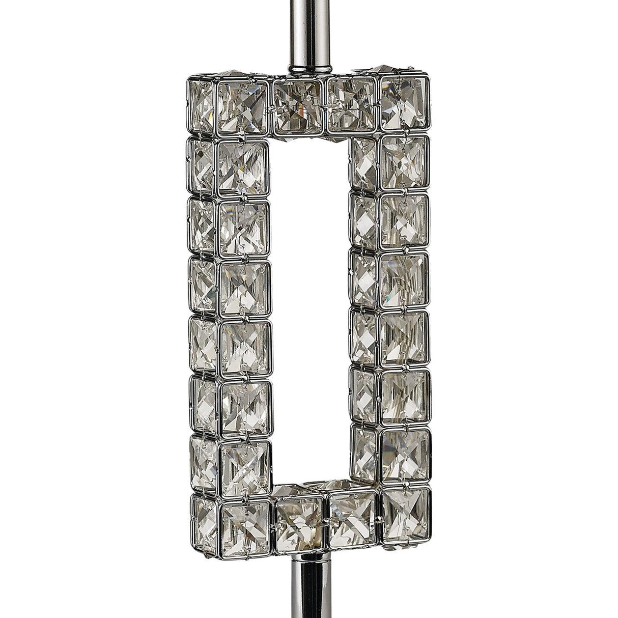 The Florence Rectangle 1 Light Crystal Table Lamp features clear, square-cut crystals in a chrome frame with a vertical rod and black shade—an elegant accent for any modern or crystal table lamp setting.