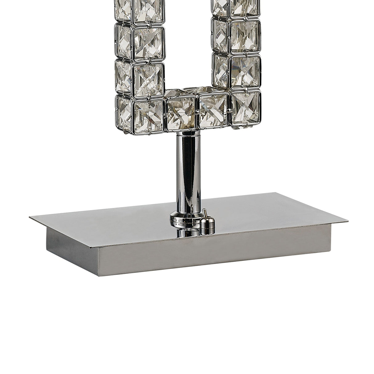 Close-up of the Florence Rectangle 1 Light Crystal Table Lamp, featuring a rectangular chrome base and vertical frame with square, clear crystal segments.