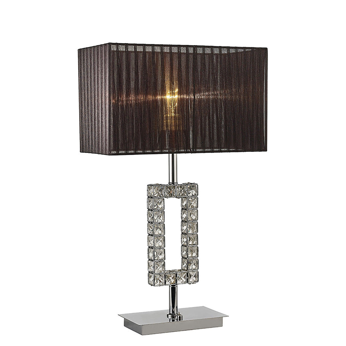 The Florence Rectangle 1 Light Crystal Table Lamp in chrome features a black rectangular mesh shade and a crystal-embellished open rectangle stem—an elegant modern lamp perfect for contemporary interiors.