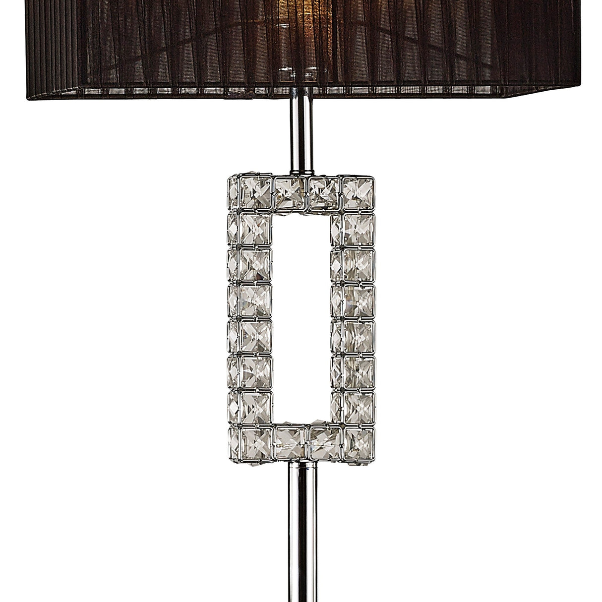 The Florence Rectangle 1 Light Crystal Floor Lamp features a chrome rectangular frame adorned with clear crystals and is topped with a sleek black shade.
