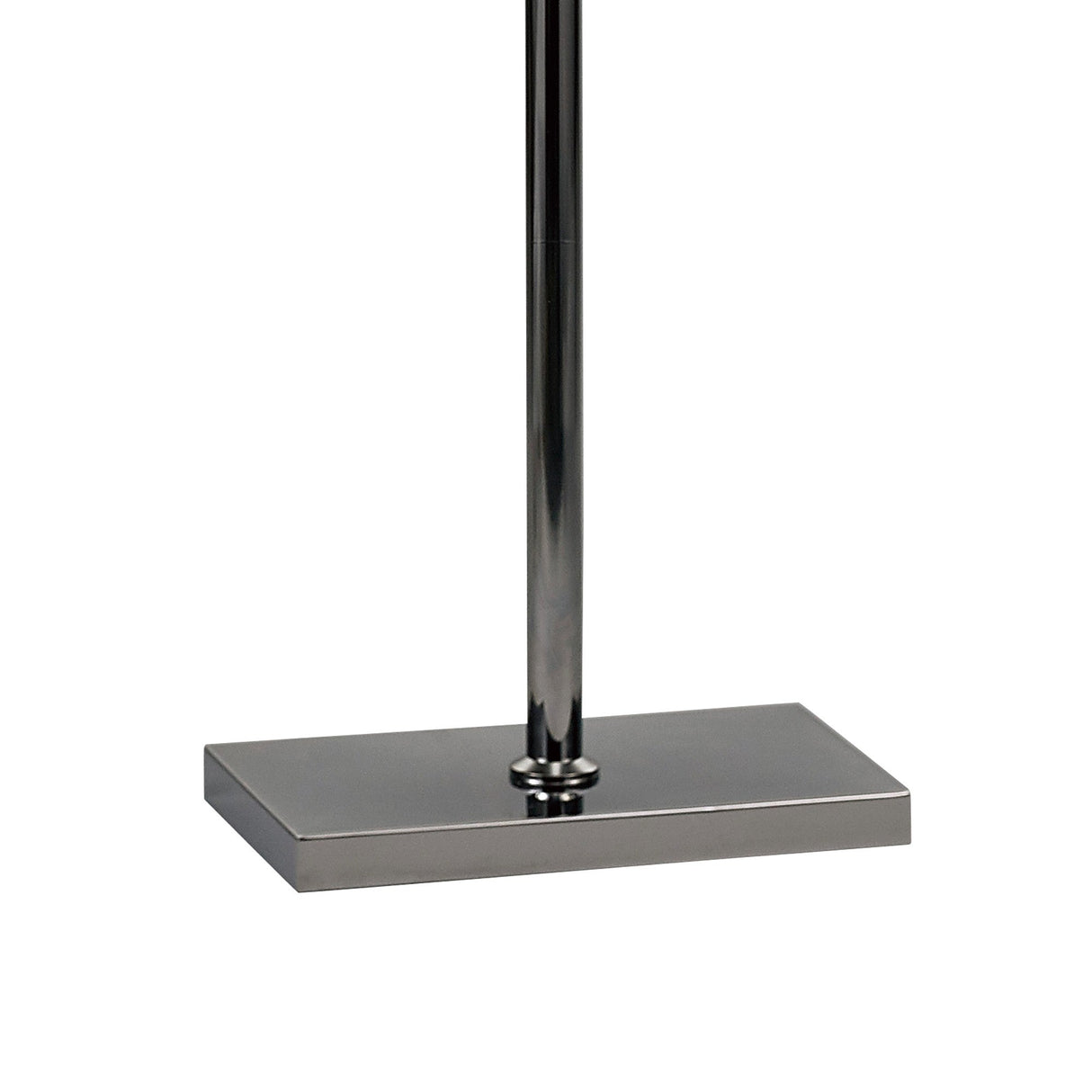 A close-up of the Florence Rectangle 1 Light Crystal Floor Lamp’s base in chrome, showing a shiny rectangular platform with a central pole and topped with a black shade.