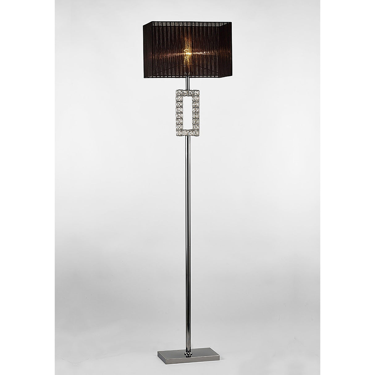 The Florence Rectangle 1 Light Crystal Floor Lamp features a chrome stand with geometric openwork and crystal accents, a rectangular black shade, and a rectangular base, shown against a plain white background.