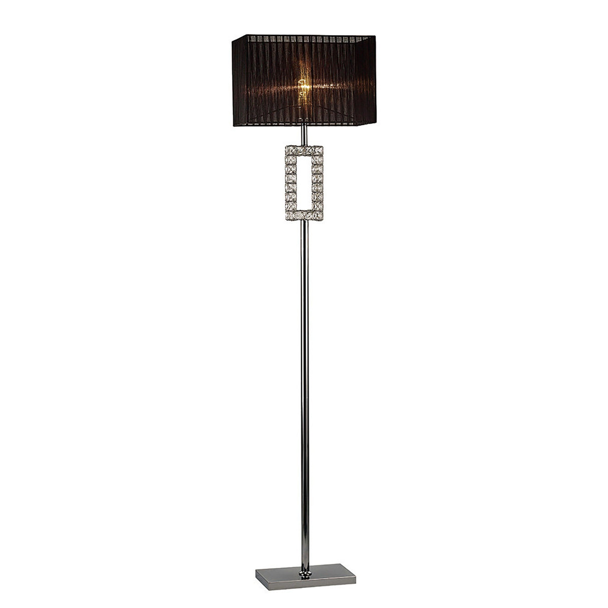 The Florence Rectangle 1 Light Crystal Floor Lamp features a tall chrome stand, black rectangular shade, and a decorative upper section with a rectangular frame adorned with sparkling crystal accents.