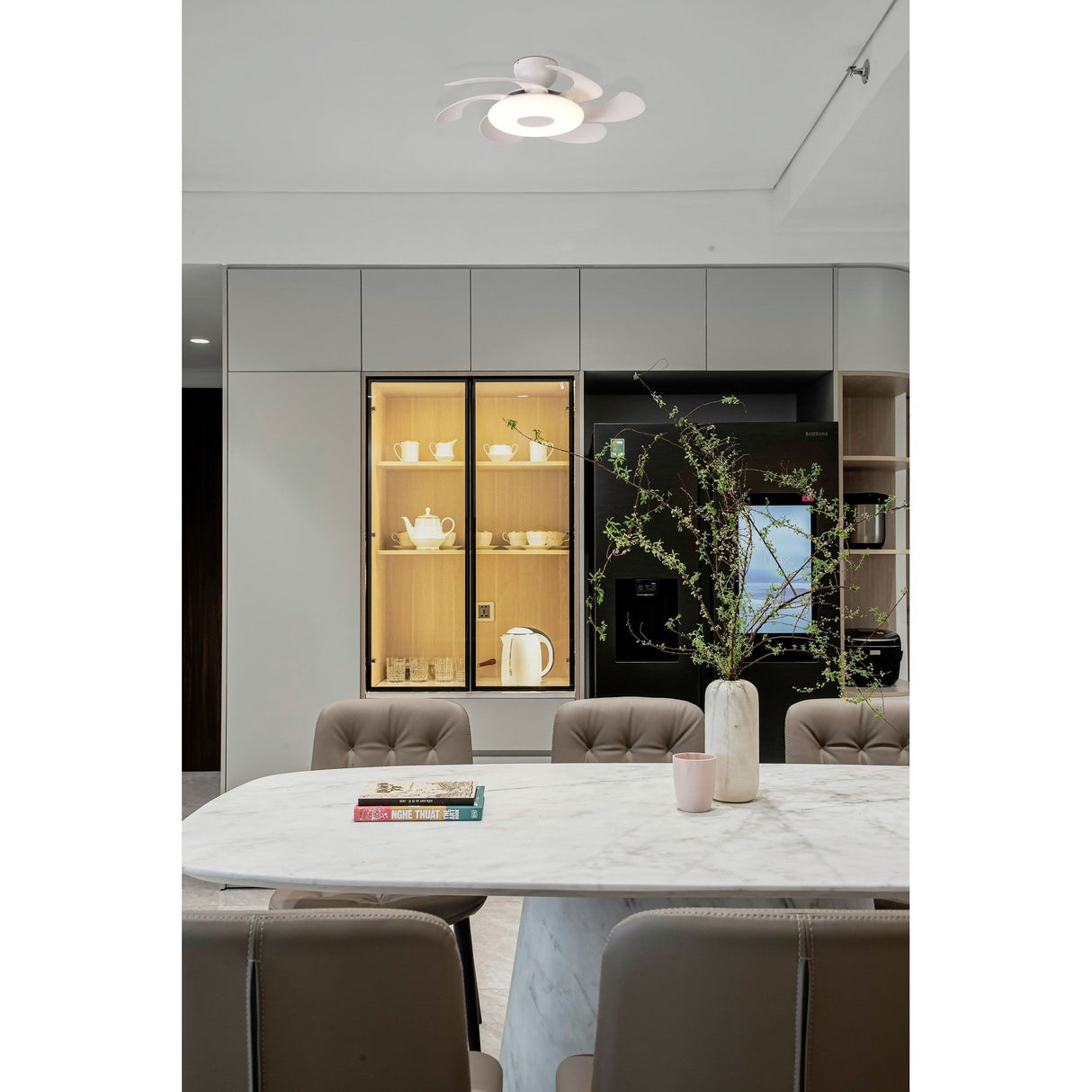 Flowers CCT Dimmable LED Ceiling Retractable Fan Light With Remote Control - White