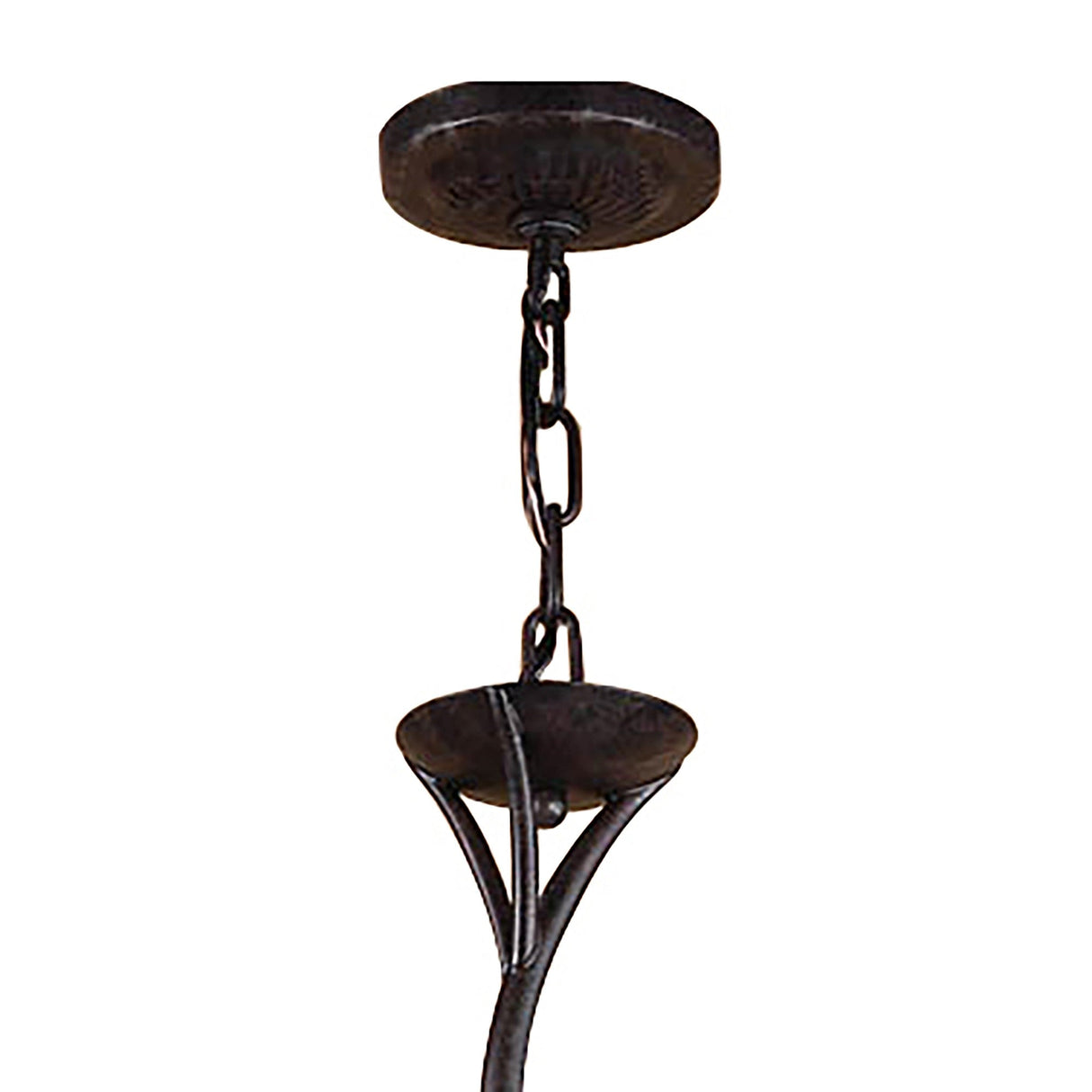 Close-up of the Mantra Forest chandelier canopy and chain suspension in brown black oxide finish, shown against a plain white background.