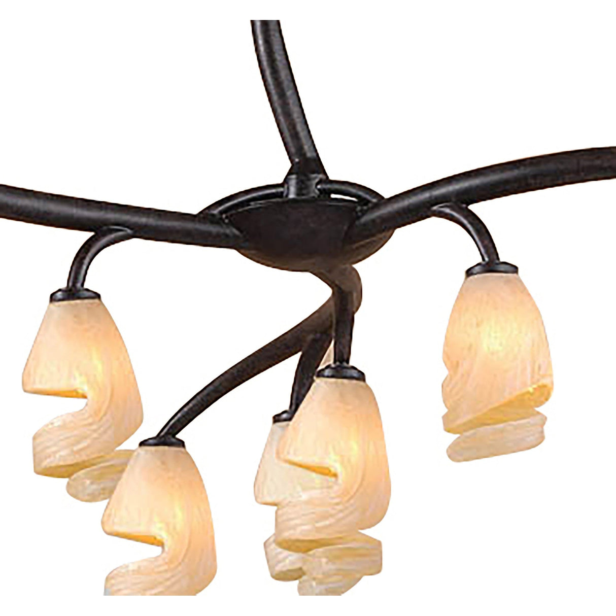 Close-up of Mantra Forest 9 Light Chandelier showing brown black oxide central stem with radiating arms and amber frosted spiral-swirl glass shades.