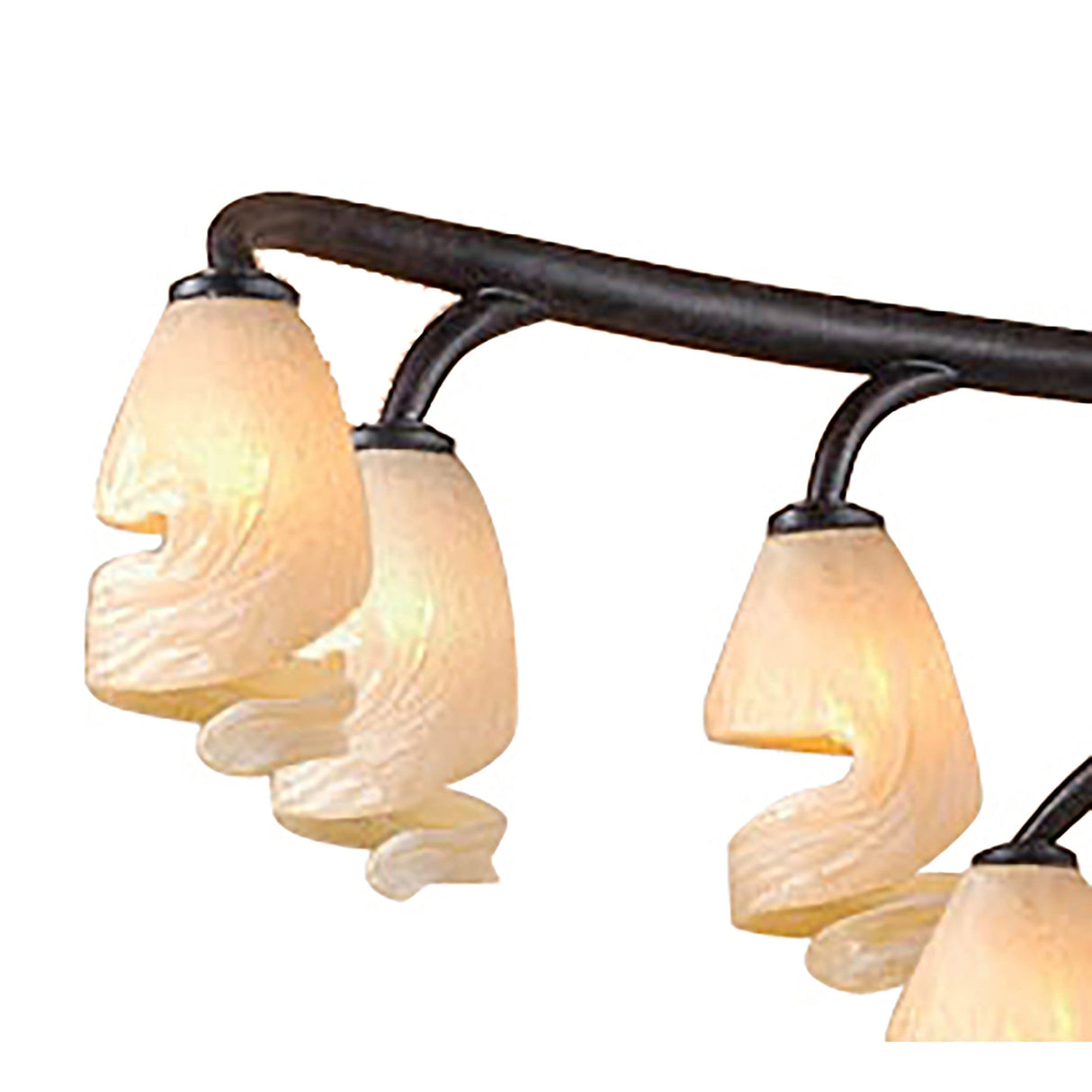 Close-up of Mantra Forest 9 Light Chandelier showing brown black oxide arms with amber frosted spiral-swirl glass shades on G9 fittings.