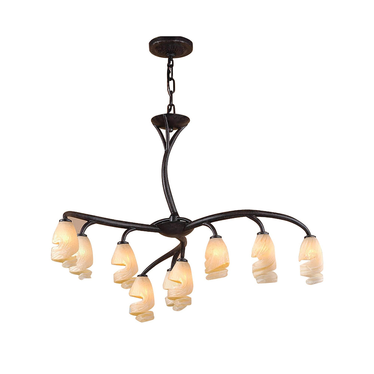 Mantra Forest 9-light chandelier in brown black oxide with amber frosted spiral glass shades on three curved arms, shown on a white background.