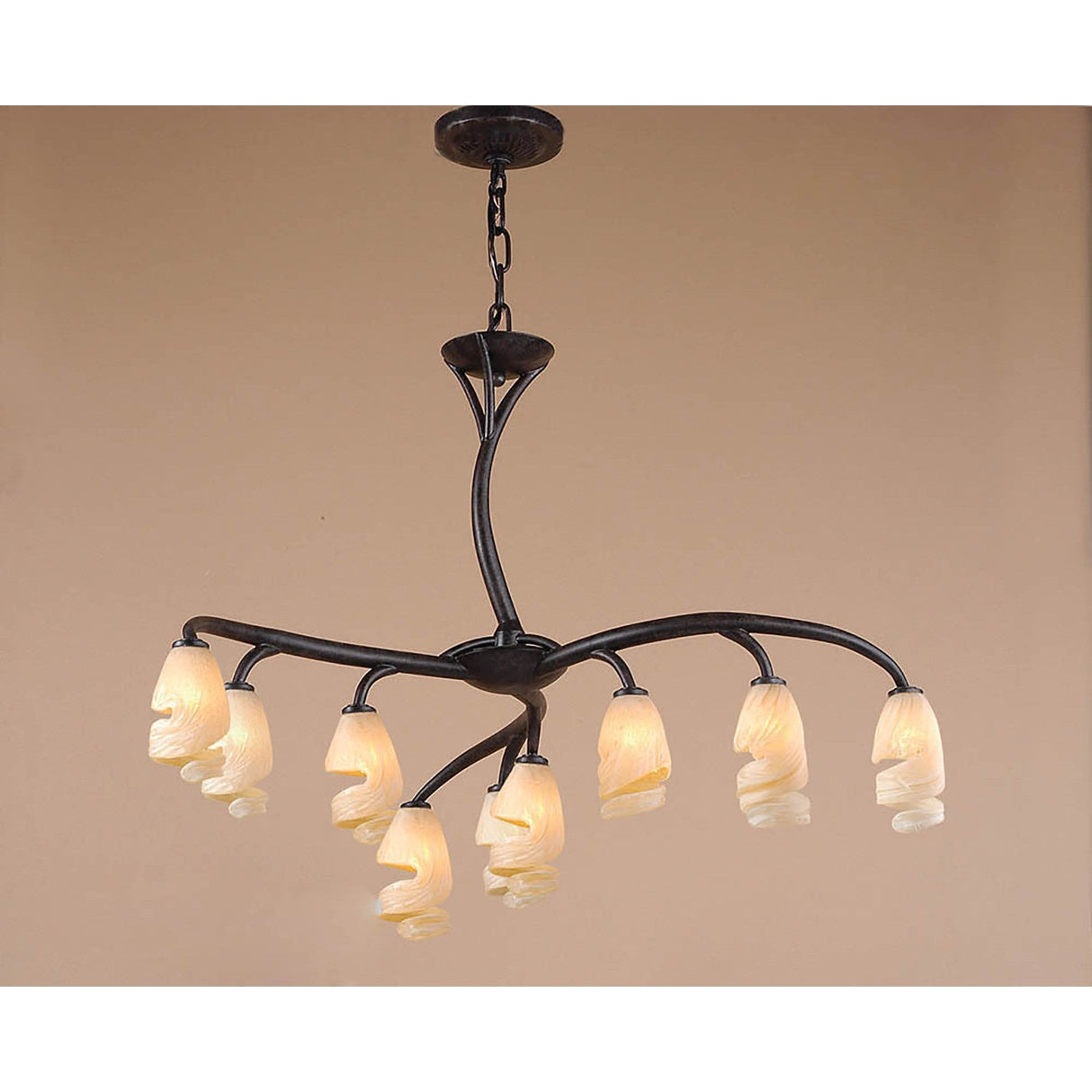 Mantra Forest 9-light chandelier with three curved arms in brown black oxide finish, holding amber frosted spiral glass shades, suspended from a chain.