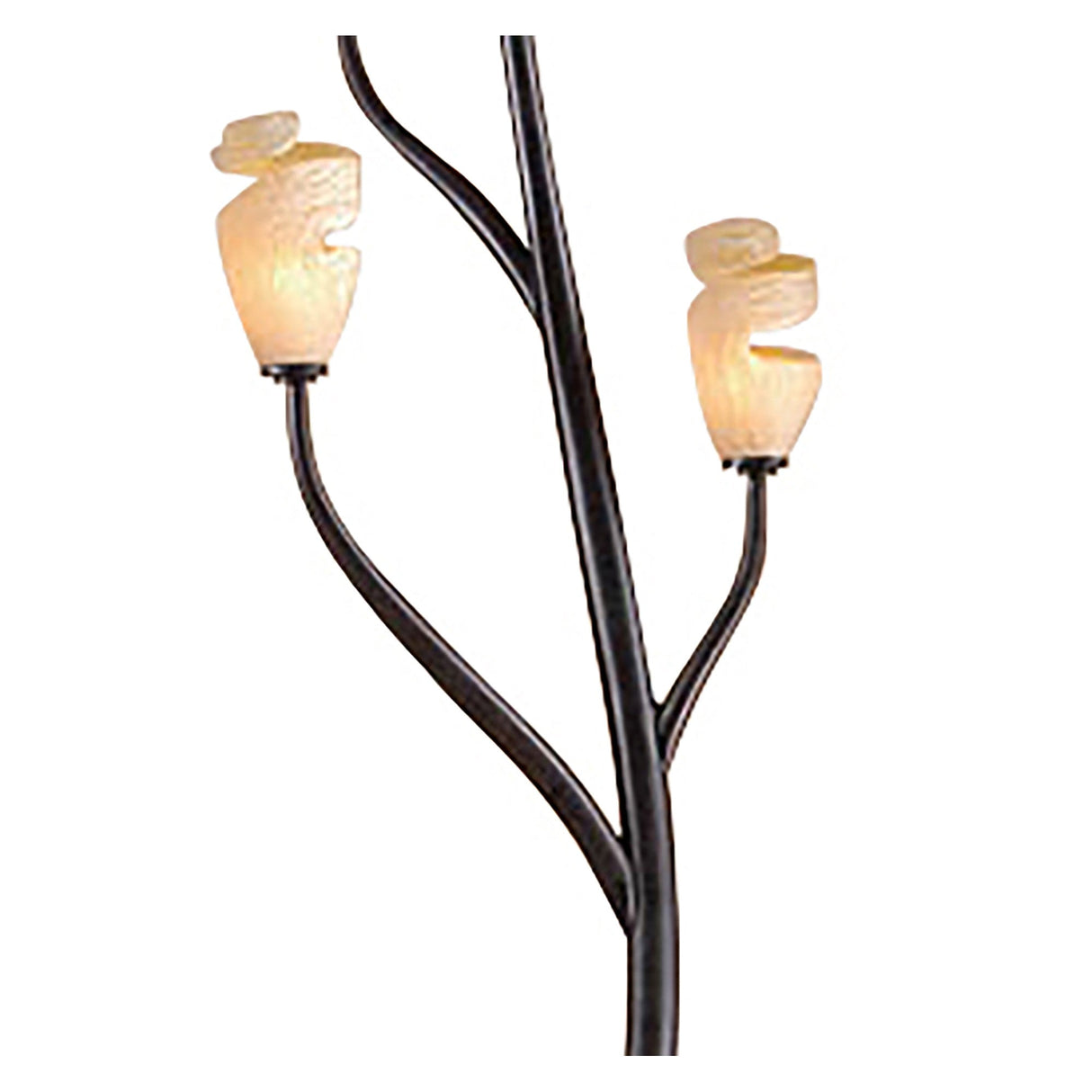 A close-up of the Forest 4 Light Floor Lamp - Brown & Black Oxide, featuring two curved black metal branches with amber frosted glass shades shaped like abstract flowers.