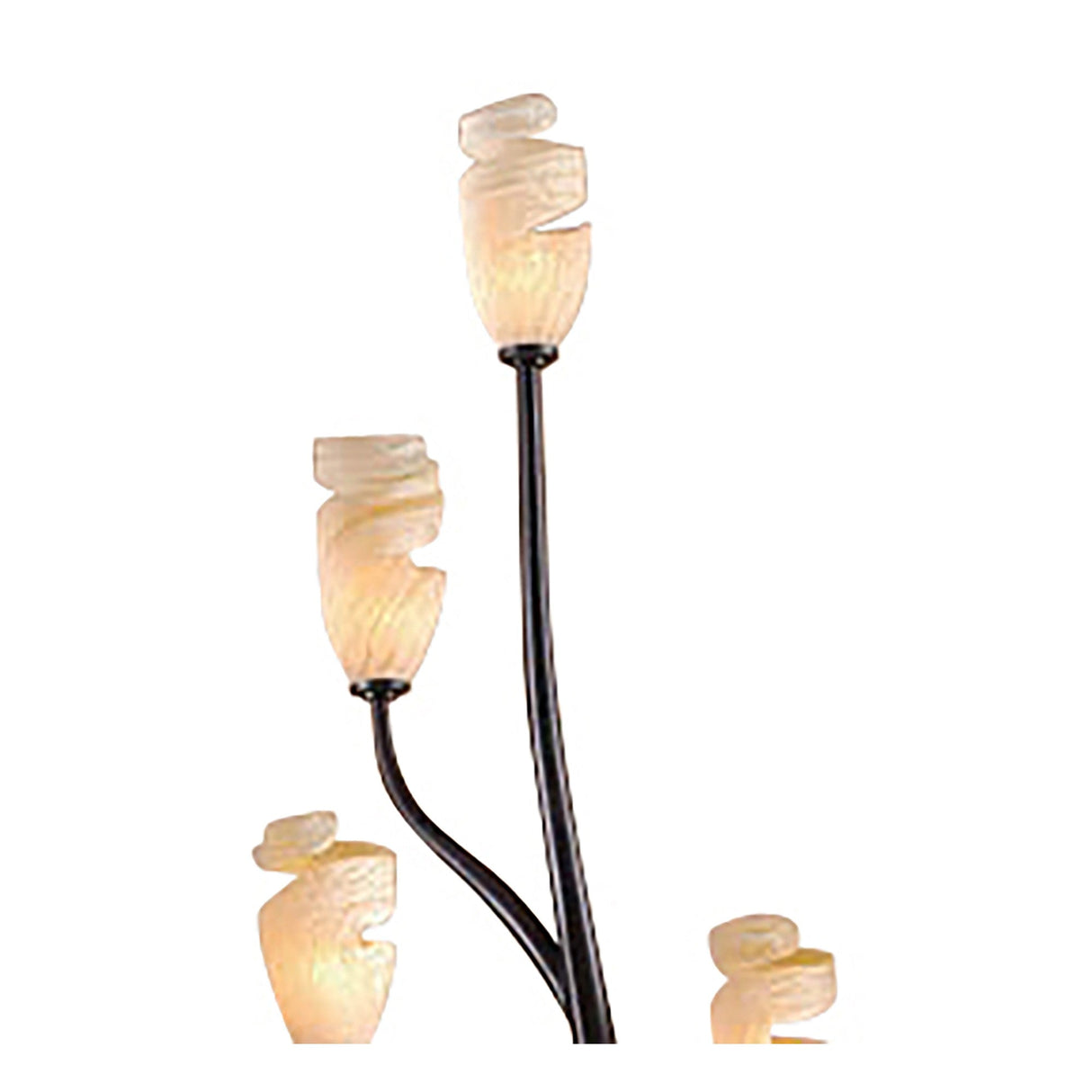 The Forest 4 Light Floor Lamp features four modern amber frosted glass shades shaped like abstract tulips on curved brown and black oxide stems, offering a nature-inspired touch to any space.