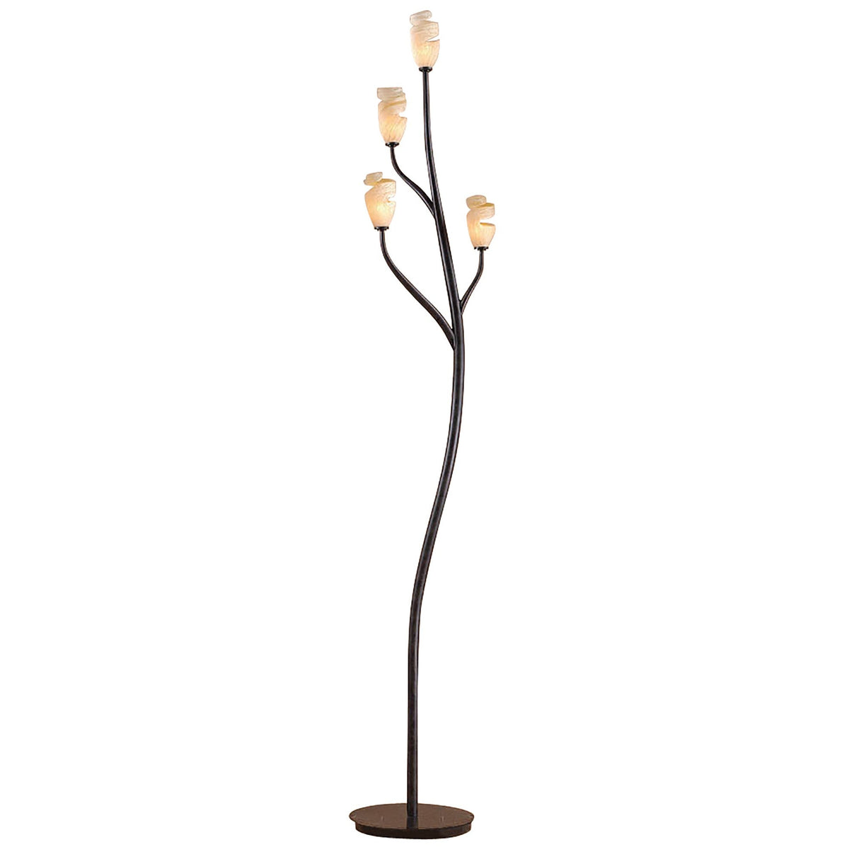 The Forest 4 Light Floor Lamp in brown and black oxide features a nature-inspired design with four upward branches, each topped with an amber frosted glass shade, casting a warm, inviting glow.