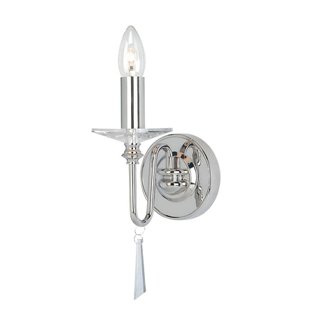 The Finsbury Park 1 Light Wall Light in polished nickel is a sleek sconce featuring a candle-like bulb and decorative hand-cut glass droplets. Its modern, elegant design includes a round base and a curved arm to support the bulb.