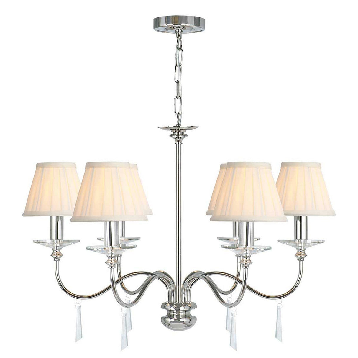 The Finsbury Park 6 Light Chandelier features a contemporary Polished Nickel finish with six gracefully curved arms, each accented by a white lampshade and sparkling crystal details. It hangs elegantly from a chain, showcasing hand-cut glass embellishments that complement its modern style.
