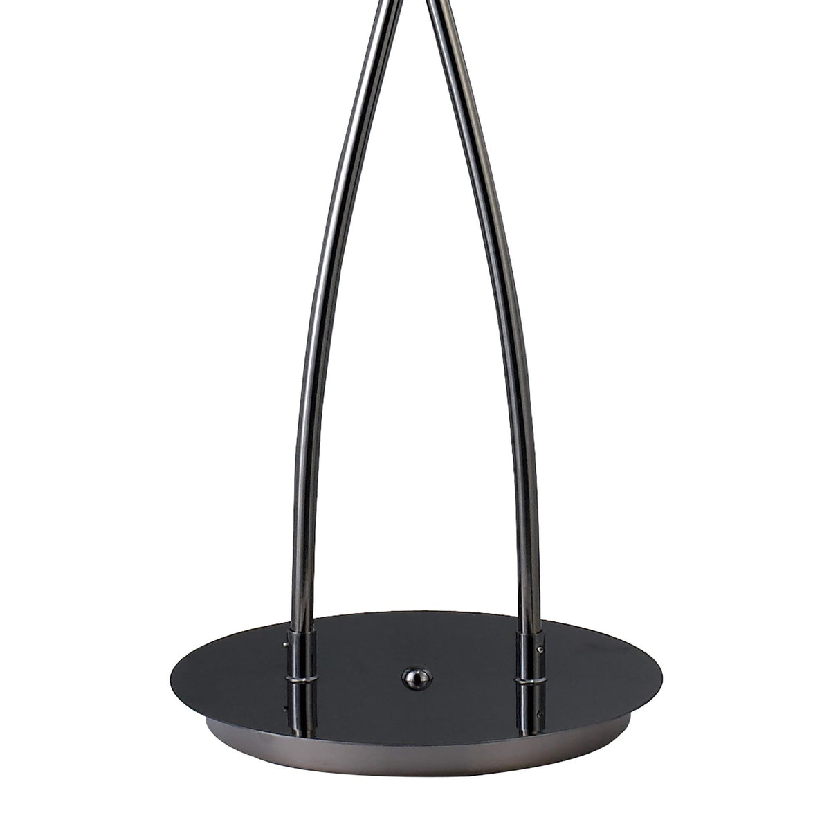 A close-up of the Fragma 4 Light Floor Lamp - Black, featuring two curved metal rods rising from a round, shiny black chrome base.