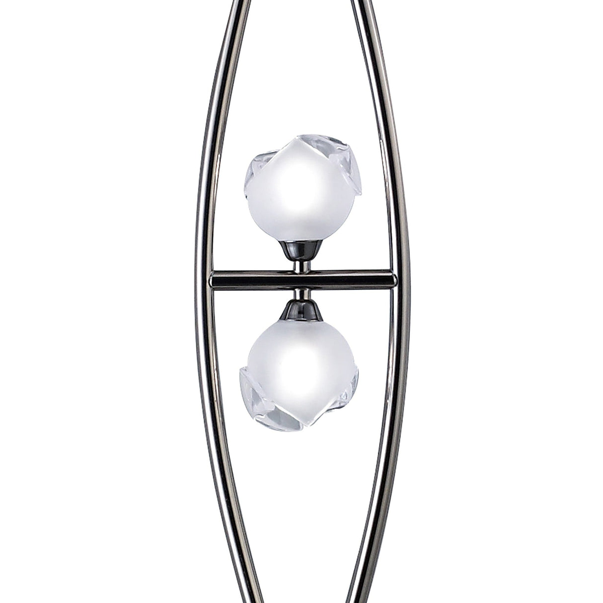 A close-up of the Fragma 4 Light Floor Lamp - Black shows two spherical white bulbs on chrome supports, set within a sleek oval black metal frame.