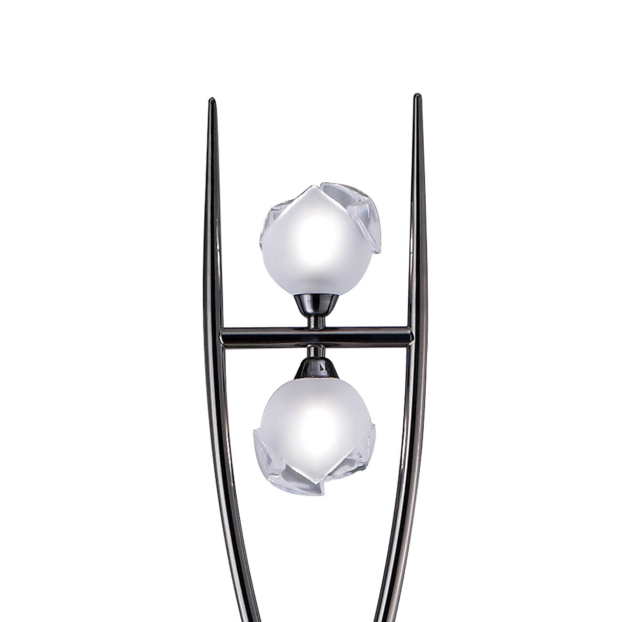 The Fragma 4 Light Floor Lamp - Black features two white spheres held between sleek prongs, each sphere partially enclosed by clear, angular accents—evoking the look of a modern metal sculpture against a plain white background.