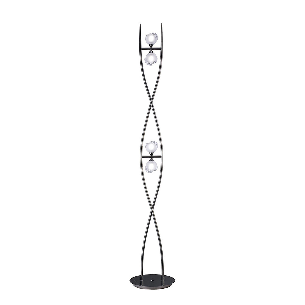 The Fragma 4 Light Floor Lamp - Black features a twisted metal frame and four glass globes on a round black base, bringing modern elegance to any space.