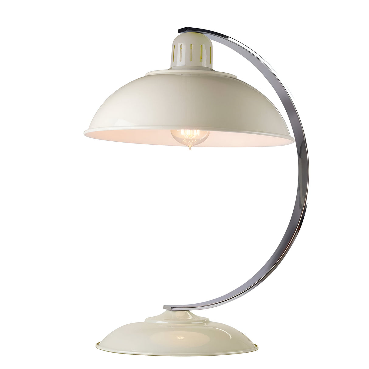 The Franklin Desk Lamp - White is ideal for modern interiors, showcasing a sleek, curved metal stand and a dome-shaped shade. Its vintage-style bulb delivers effective task lighting, elegantly positioned on a circular base that enhances any contemporary space.