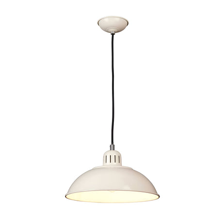 The Franklin 1 Light Pendant in cream features a minimalist, dome-shaped colored spun shade suspended from a thin black wire. Its retro-inspired design includes height adjustability, making it an ideal choice for various interior styles.
