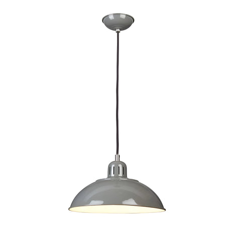 The Franklin Pendant Light - Grey is a contemporary lamp featuring a dome-shaped metal shade in gray, suspended from a black cord for optimal light reflection. Ideal for industrial interiors, its ceiling mount captures retro diner vibes against a clean, white backdrop.