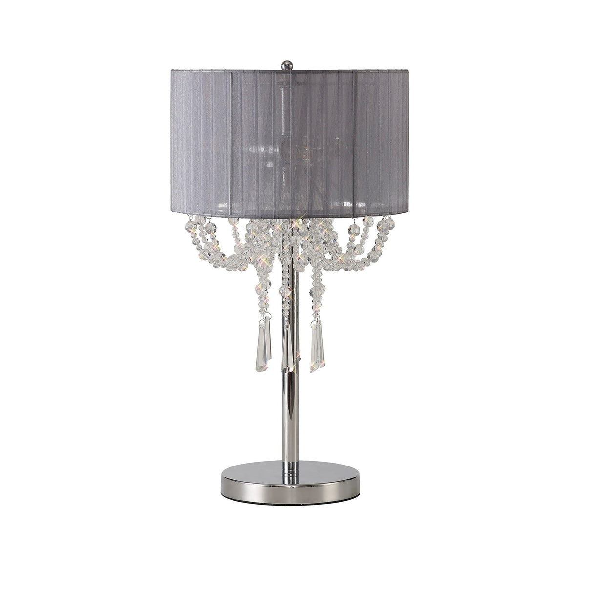 The Freida 3 Light Crystal Table Lamp features a polished chrome finish, grey organza shade, and decorative hanging crystal beads and pendants beneath the shade.