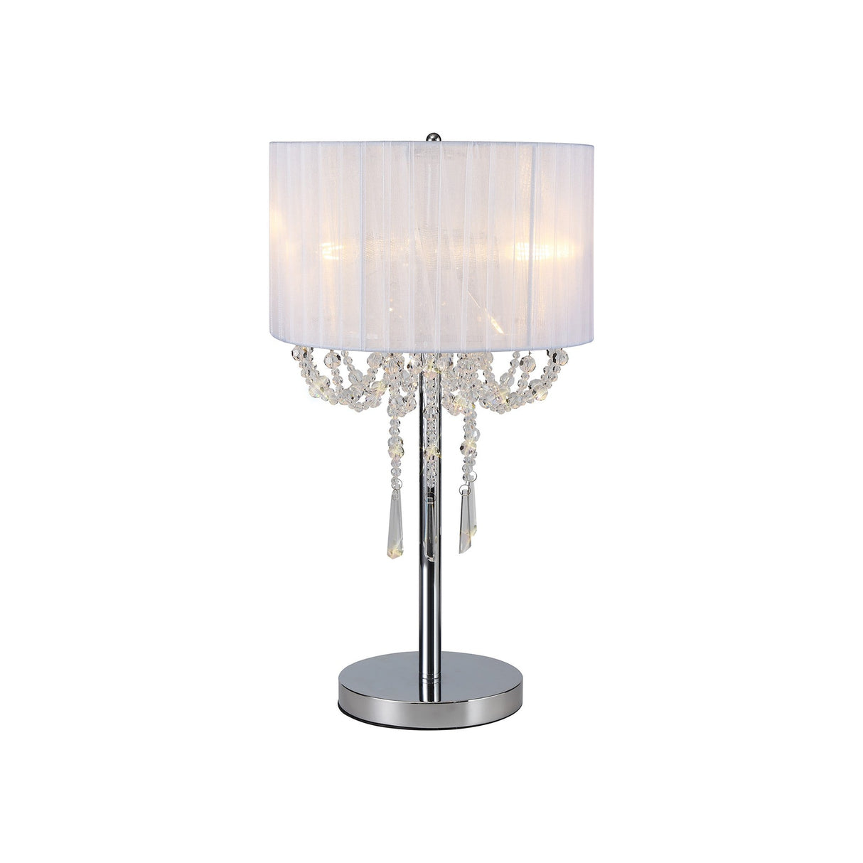 The Freida 3 Light Crystal Table Lamp features a polished chrome base, decorative hanging crystal accents, and a white organza shade for a modern touch.