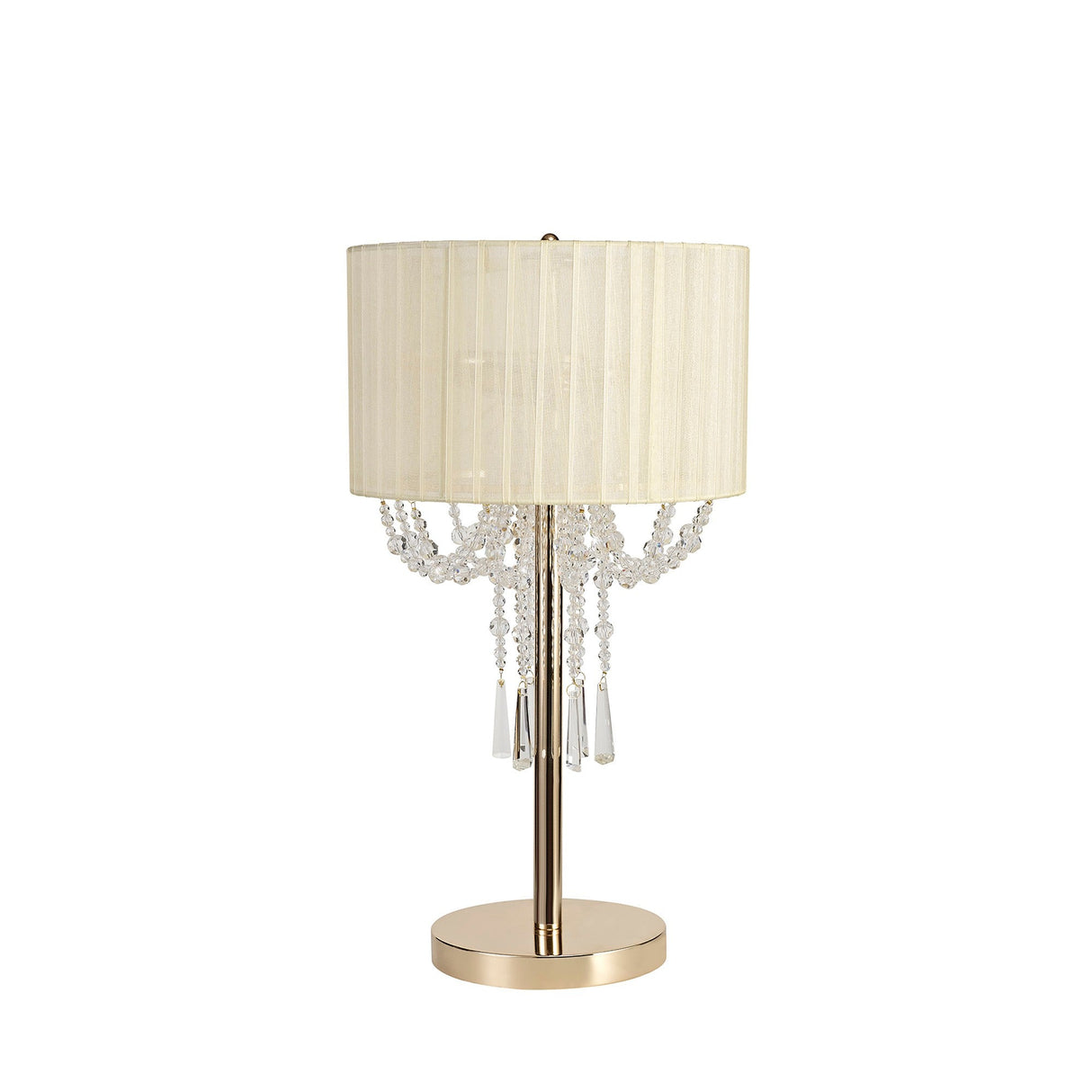 The Freida 3 Light Crystal Table Lamp features a gold base and stem, a round cream organza shade, and elegant crystal bead strands and pendants draping below for a refined touch.