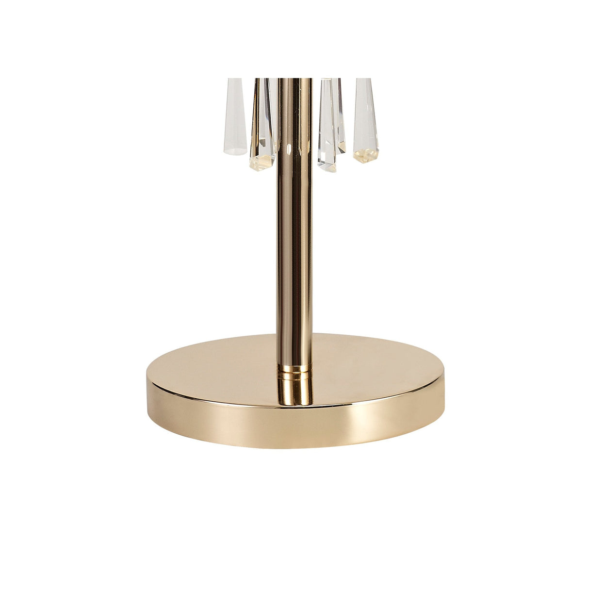 A close-up of the Freida 3 Light Crystal Table Lamp in gold with a cream shade features a cylindrical stem and clear, hanging crystal ornaments, perfect for adding elegant crystal-drop lighting to any room. Set against a white background.