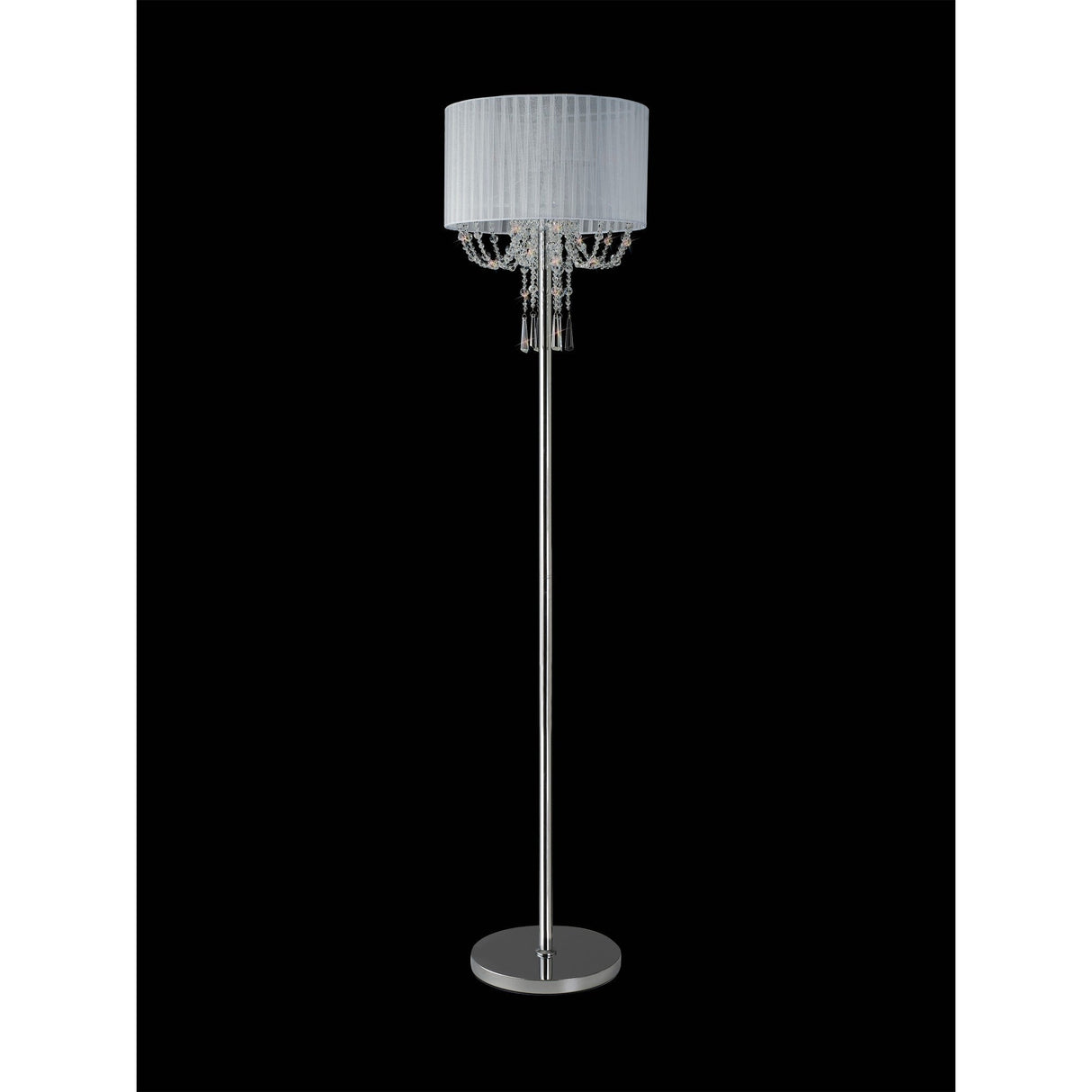The Freida 3 Light Crystal Floor Lamp features a chrome base and stand, a white cylindrical shade, and decorative hanging crystals, all set against a solid black background.