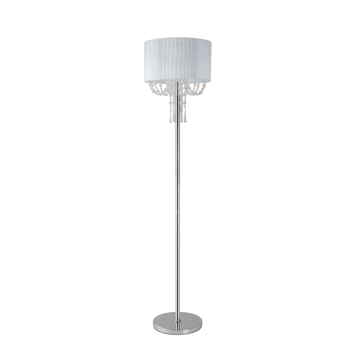 The Freida 3 Light Crystal Floor Lamp features a chrome stand with a round base, a white drum fabric shade, and hanging crystal accents beneath the shade for a modern touch.