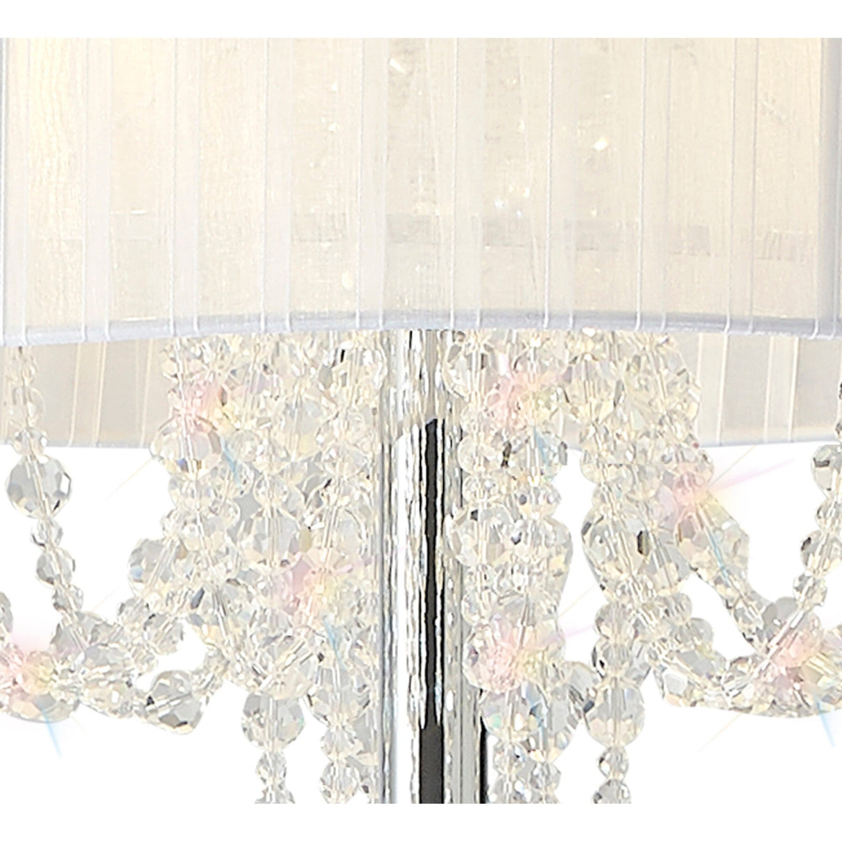 Close-up of the Freida 3 Light Crystal Floor Lamp in chrome with a white shade, featuring clear faceted crystal beads and hanging strands that beautifully reflect light.