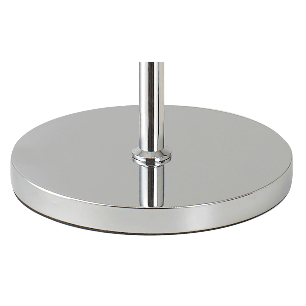 A close-up shows the shiny chrome base and central pole of the Freida 3 Light Crystal Floor Lamp, featuring a reflective surface and sleek, modern design.