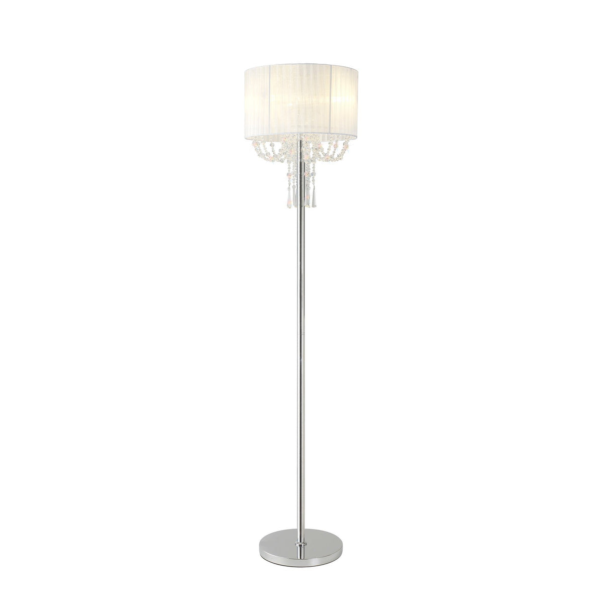 The Freida 3 Light Crystal Floor Lamp features a chrome stand, circular base, white fabric shade, and elegant hanging crystal accents for a chic modern style.