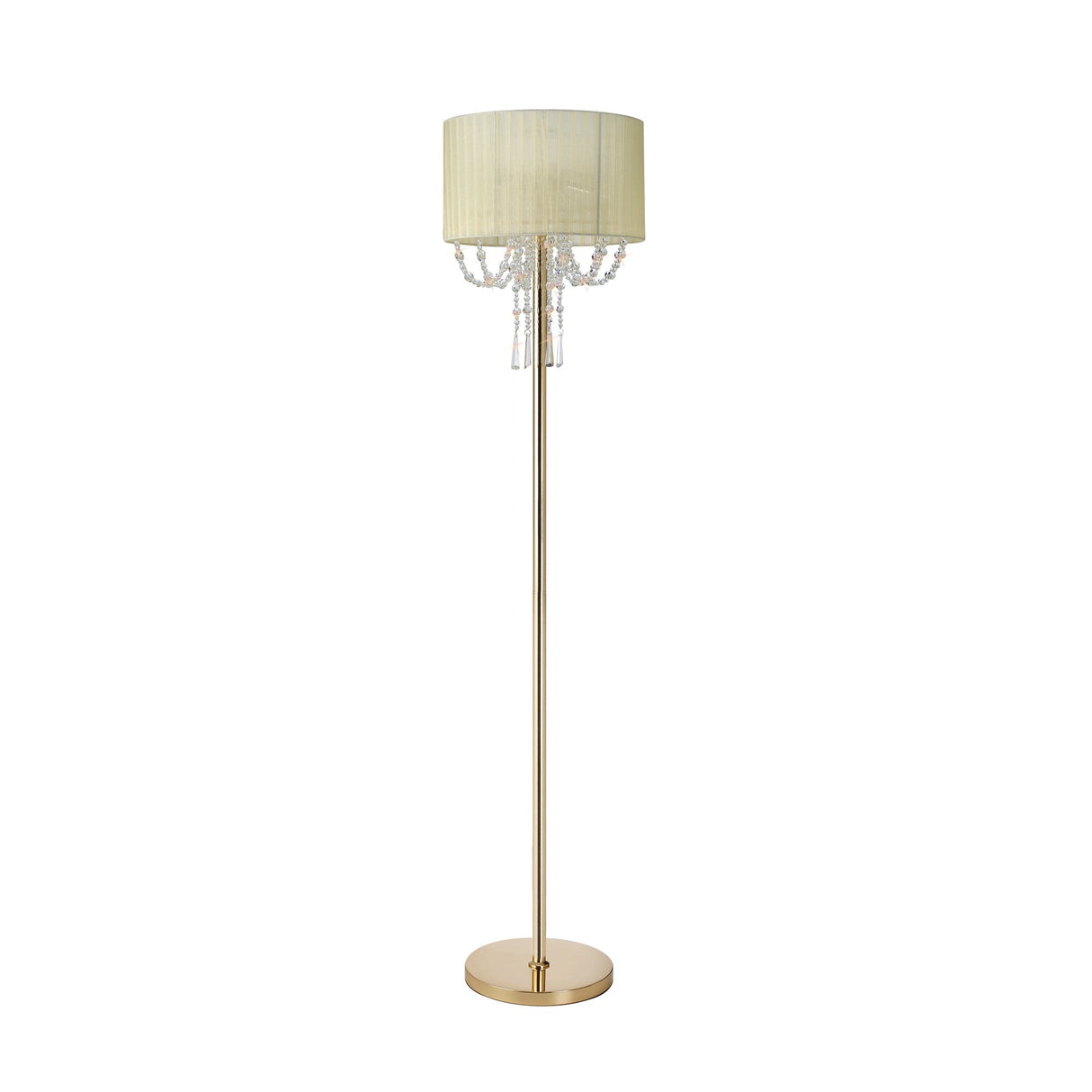The Freida 3 Light Crystal Floor Lamp in gold features a slim pole, round base, cream fabric drum shade, and hanging crystal accents for an elegant touch to any room.