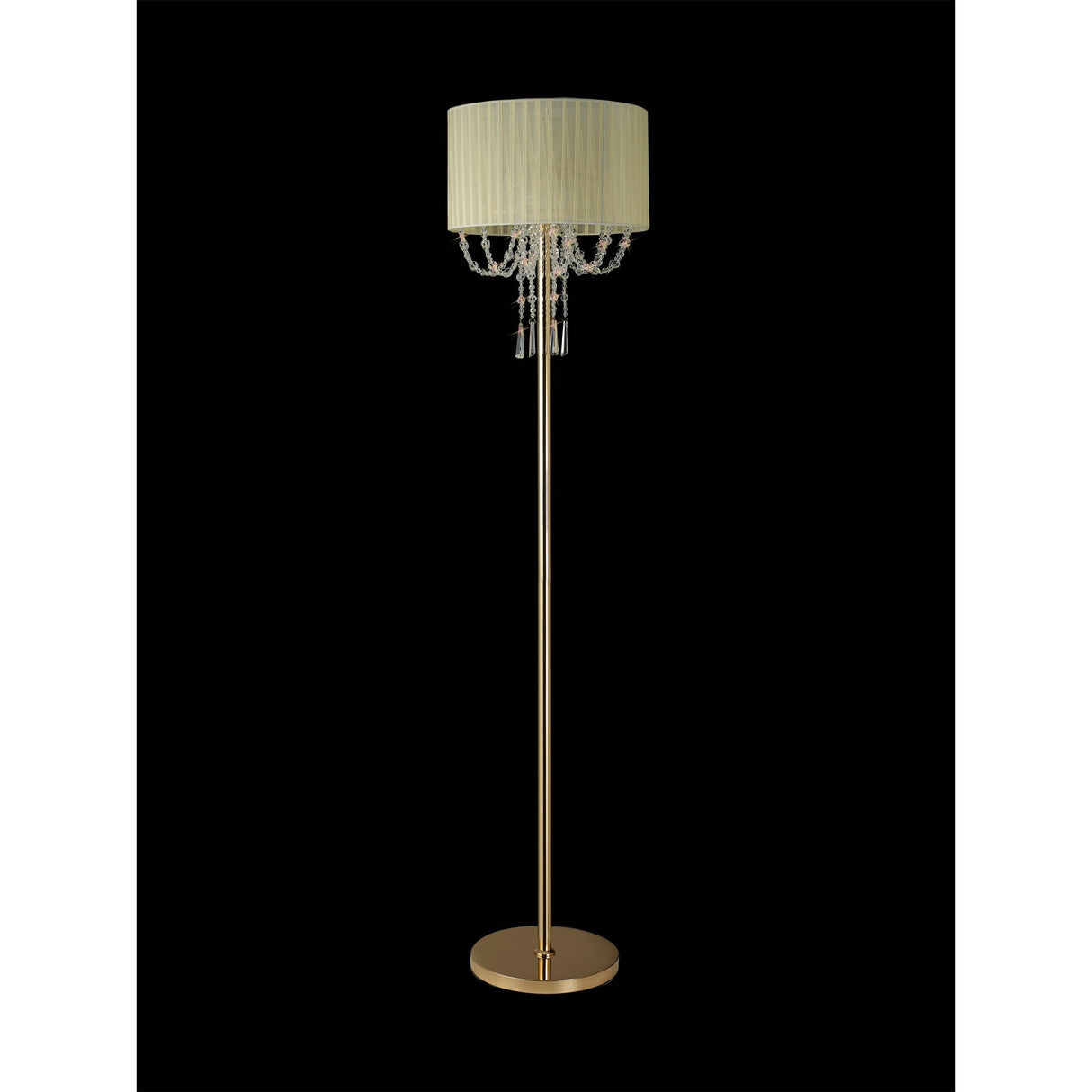 The Freida 3 Light Crystal Floor Lamp features a gold finish, cream round fabric shade, and crystal bead accents beneath the shade, beautifully set against a solid black background.