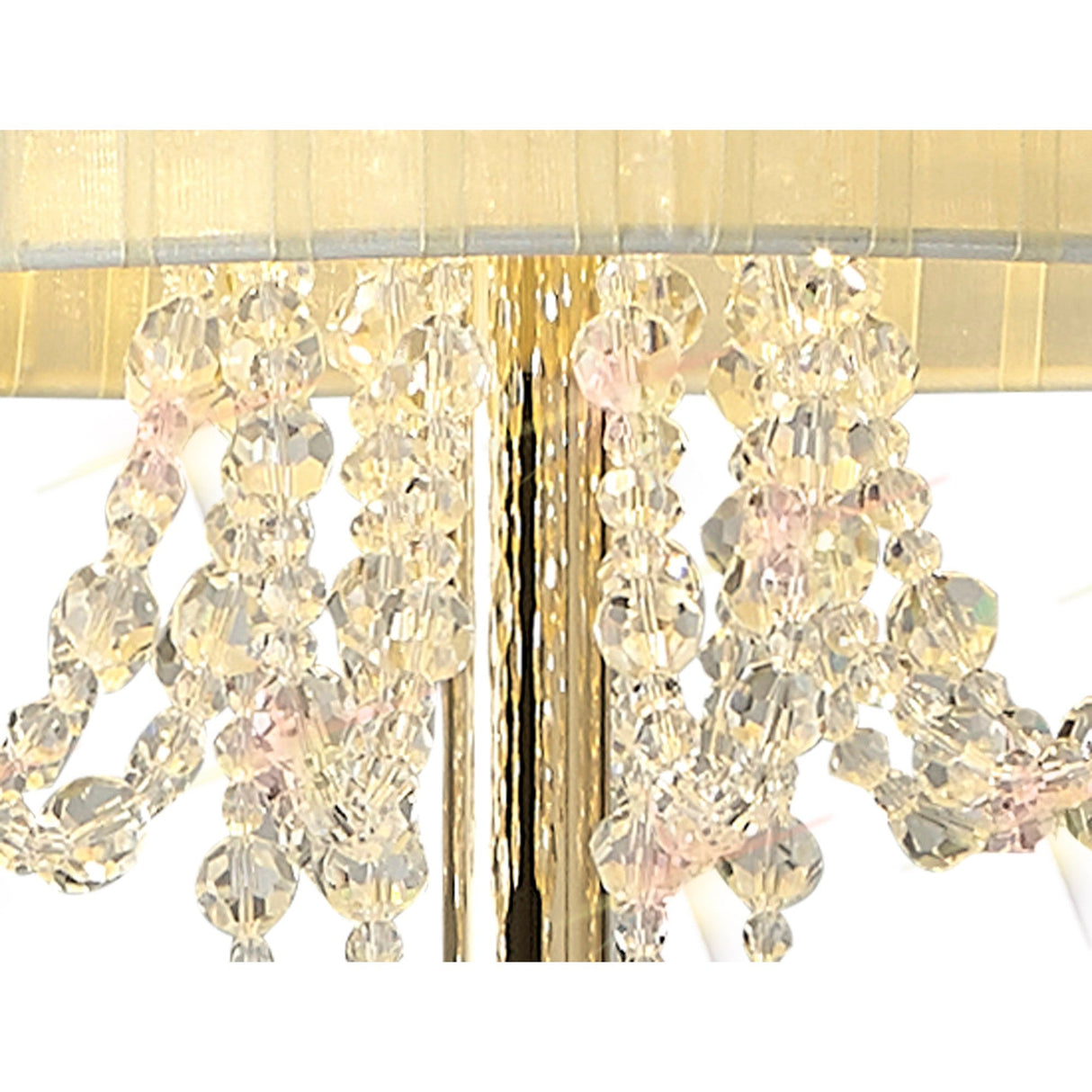 Close-up of sparkling clear and pale pink crystal bead strands on the Freida 3 Light Crystal Floor Lamp in gold with a cream shade, creating an elegant effect as the crystals catch the light.